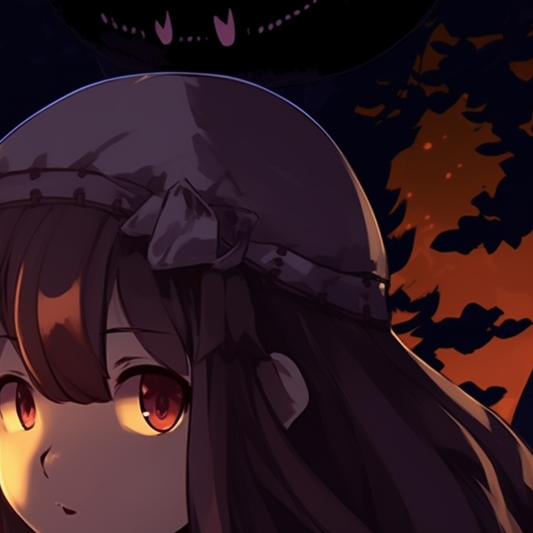 Two characters, under a moonlit sky, playfully imitating a trick or treat scene. halloween theme pfp characters from a silent voice pfp for discord.