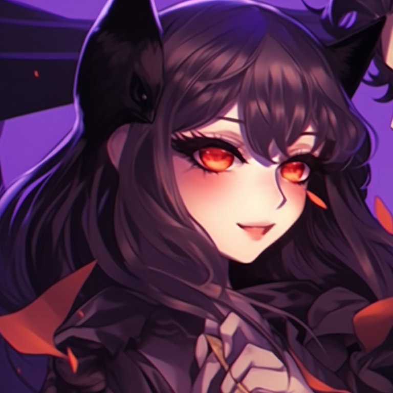 Two characters in raven-themed outfits, dark tone with shades of purple, seemingly whispering secret. dark matching pfp halloween theme couples pfp for discord.