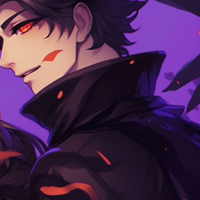 Two characters in raven-themed outfits, dark tone with shades of purple, seemingly whispering secret. dark matching pfp halloween theme couples pfp for discord.