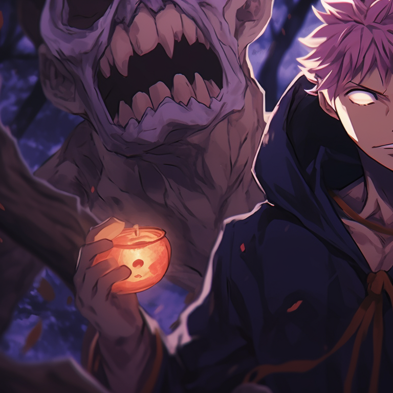 Two characters dressed in dark, Halloween-themed outfits with glowing purple accents, executing a combined jujutsu spell. matching pfp jujutsu kaisen halloween ideas pfp for discord.