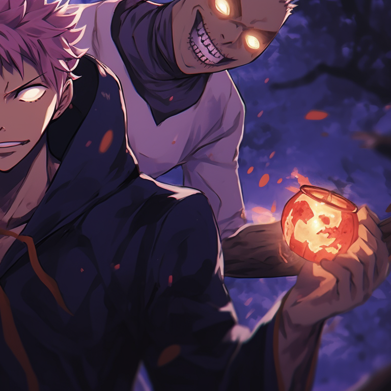Two characters dressed in dark, Halloween-themed outfits with glowing purple accents, executing a combined jujutsu spell. matching pfp jujutsu kaisen halloween ideas pfp for discord.