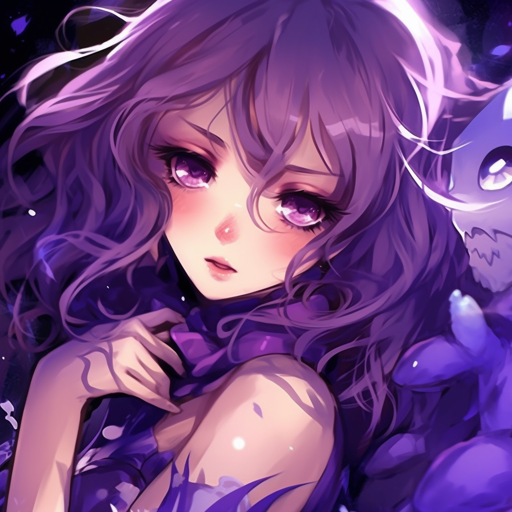 Fierce anime warrior girl, fuchsia highlights and bold lines defining the character. elegant purple anime pfp girls