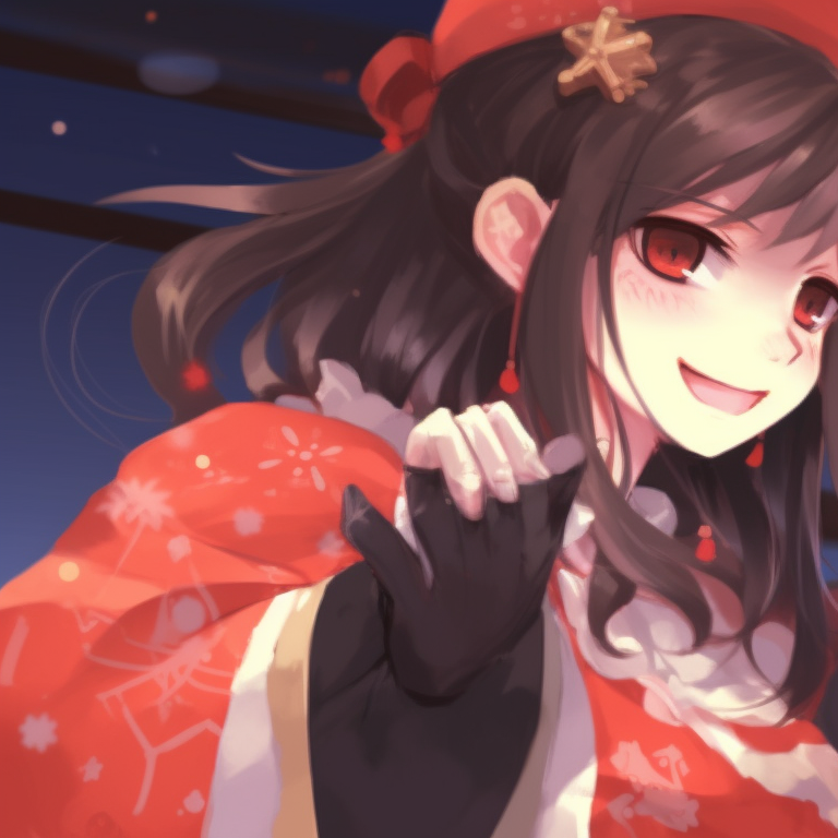 Close-up of two characters, intense expressions and detailed outfits, embracing under a mistletoe. unique matching hu tao christmas pfp pfp for discord.