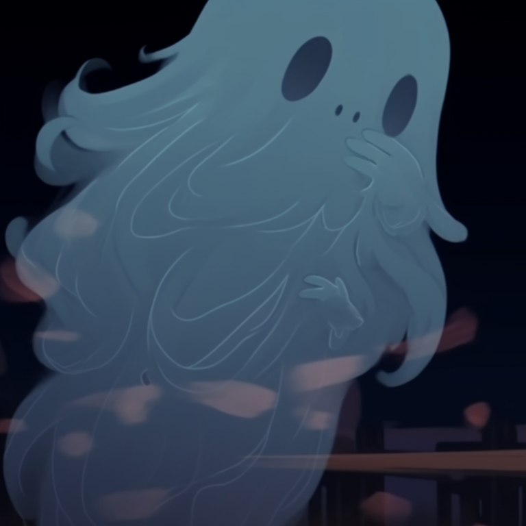 Two friendly-looking ghost characters, pastel colors and soft shading, holding hands. matching ghost pfp halloween theme designs pfp for discord.