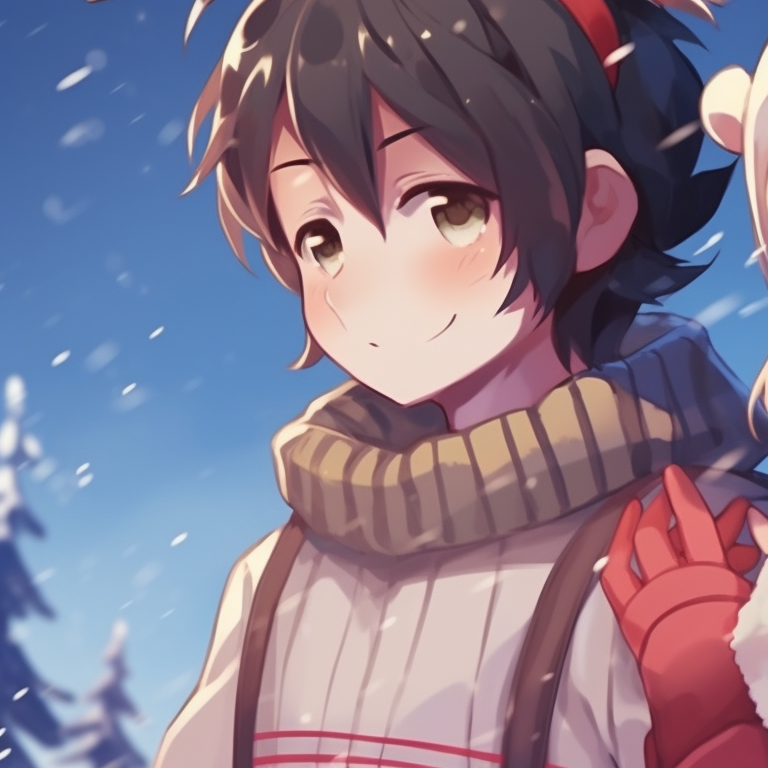 Two characters, in winter attire, touching hands in a snowy landscape; subdued colors and soft shading. matching cute christmas pfp for festive couples pfp for discord.