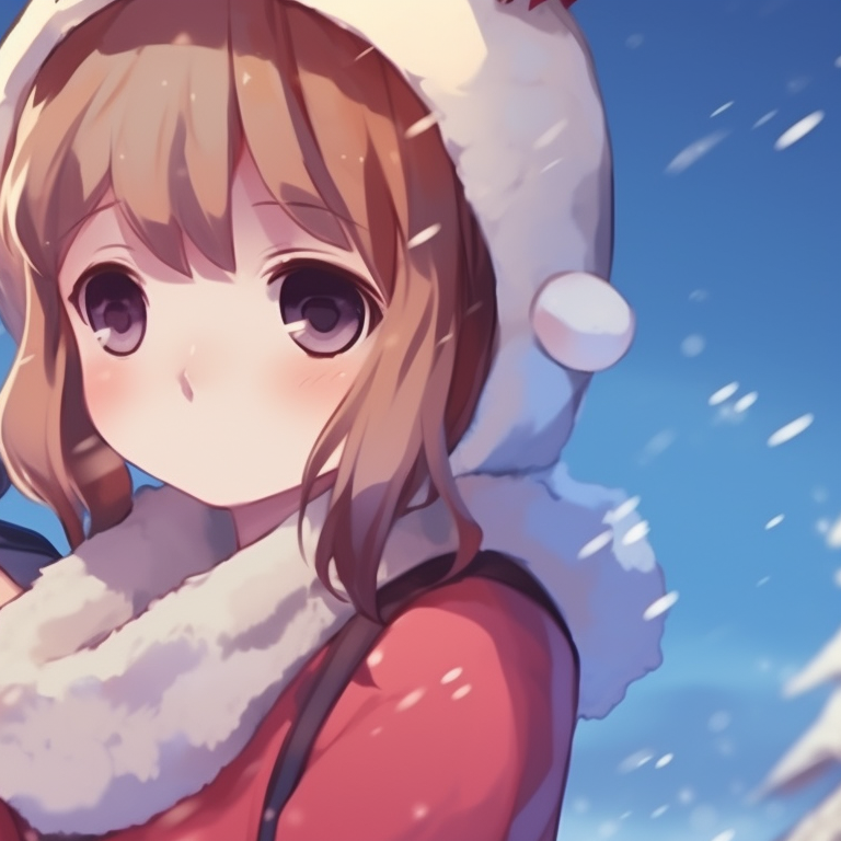 Two characters, in winter attire, touching hands in a snowy landscape; subdued colors and soft shading. matching cute christmas pfp for festive couples pfp for discord.
