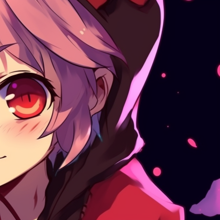 Two characters whispering under twilight sky, cool tones and mysterious aura. aesthetic anime matching pfp halloween theme: cute characters pfp for discord.