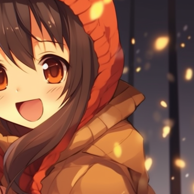 Two characters in front of a warmly lit Christmas tree, wrapped in matching orange scarves, casting a soft, comfortable glow. festive matching christmas pfp orange images pfp for discord.