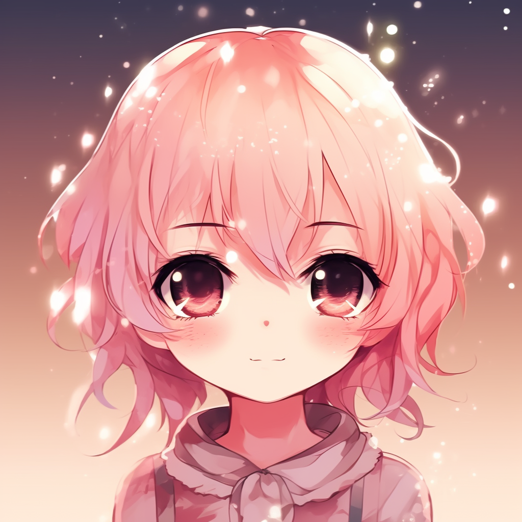Chibi style anime girl with pink hair and big sparkling eyes. kawaii anime pfp anime pfp