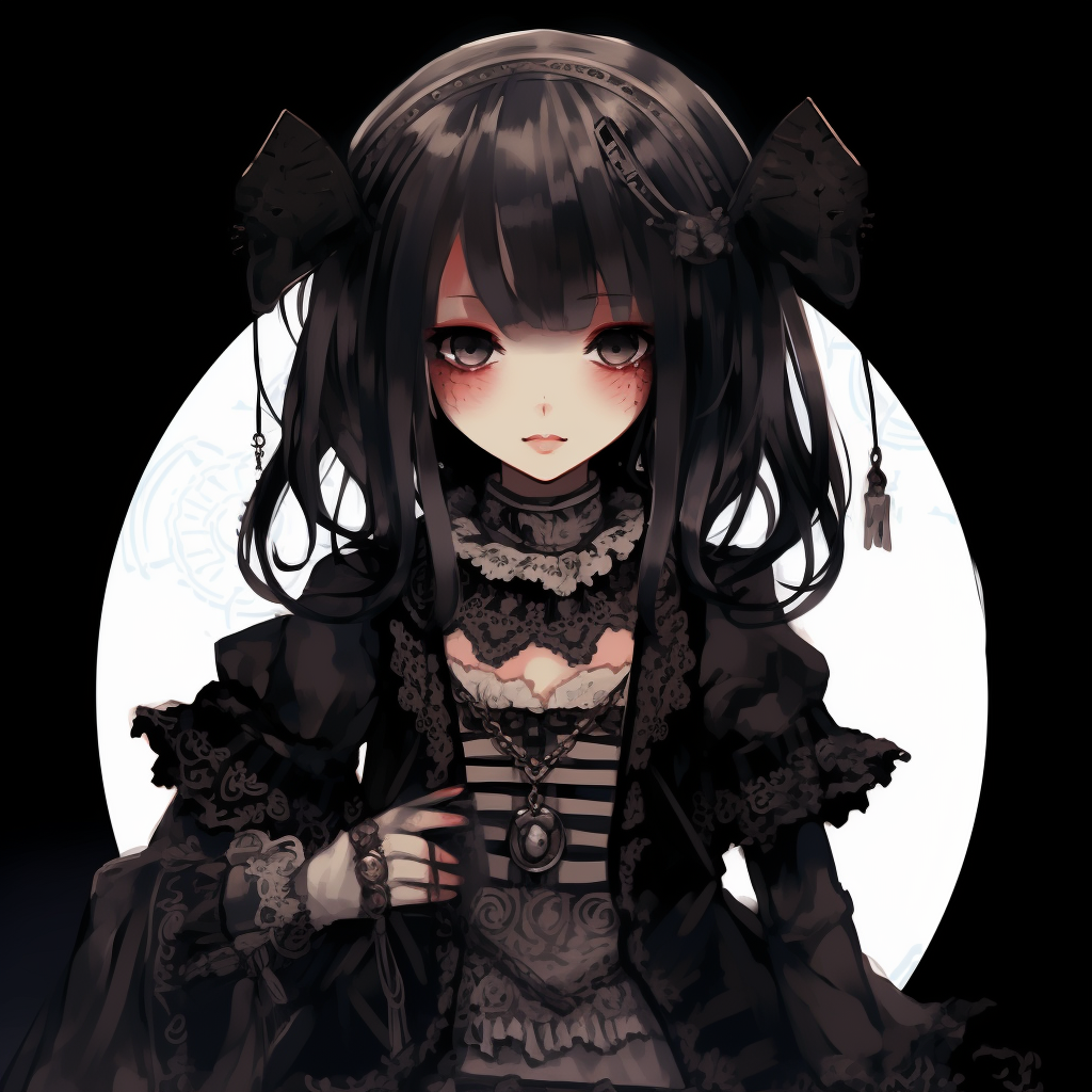 Anime girl depicted in a detailed Gothic dress, high contrast with deep blacks and bright white accents. anime girl goth pfp