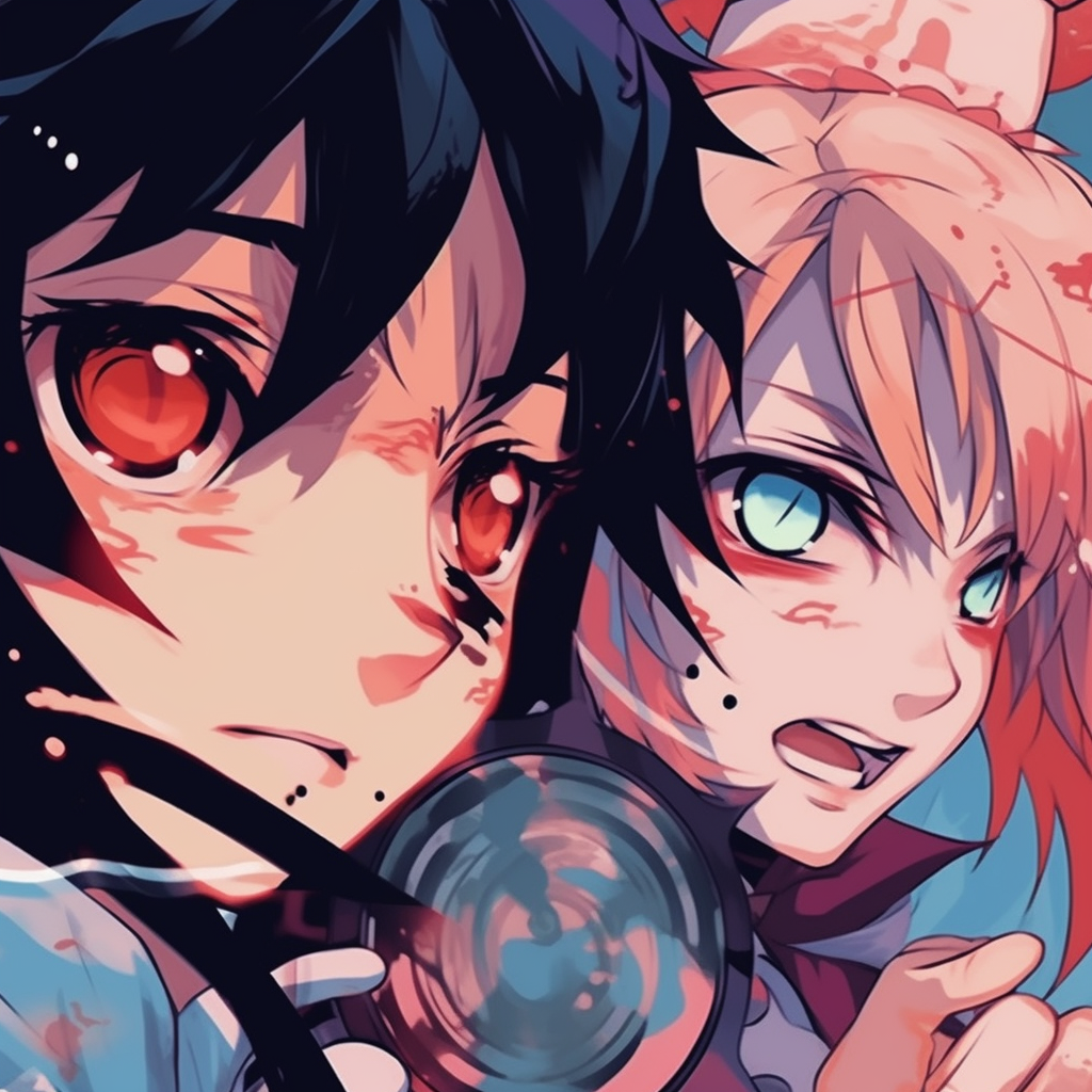 Naruto and Sasuke, their powers in full display with dynamic poses and vivid colors. anime matching pfp for two friends: popular styles