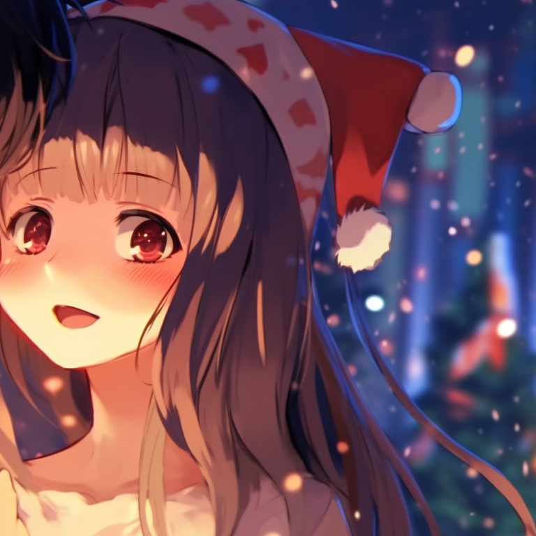 Two characters surrounded by sparkling fairy lights, soft glow and enchanted atmosphere. unique matching christmas pfp background designs pfp for discord.