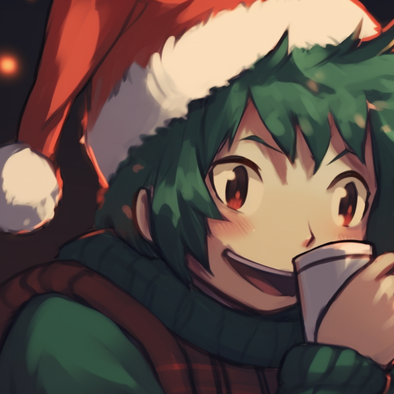 Two characters in matching red Santa hats, eager smiles meeting above a shared gift box. cute christmas my hero academia pfps pfp for discord.