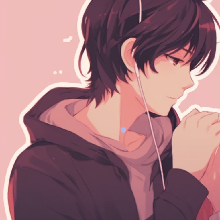 Two characters, sharing earbuds tangled into a symbolic heart, minimalistic style with pastel colors. modern matching pfp for tech-savvy couples pfp for discord.