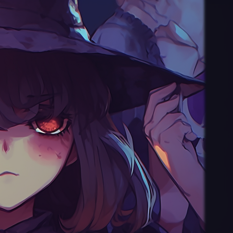 Two characters in dark Halloween costumes, gloomy colors and intense expressions. spooky halloween matching pfps - sad and gloomy pfp for discord.