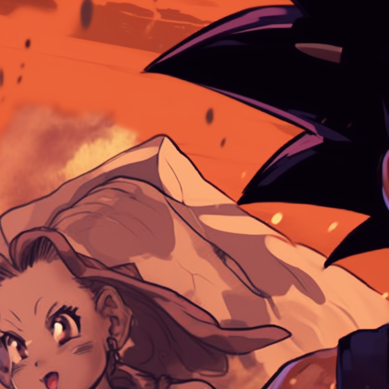 Two characters, playful expressions, light-hearted interaction portrayed with a vibrant color scheme. goku and chichi matching portraits pfp for discord.