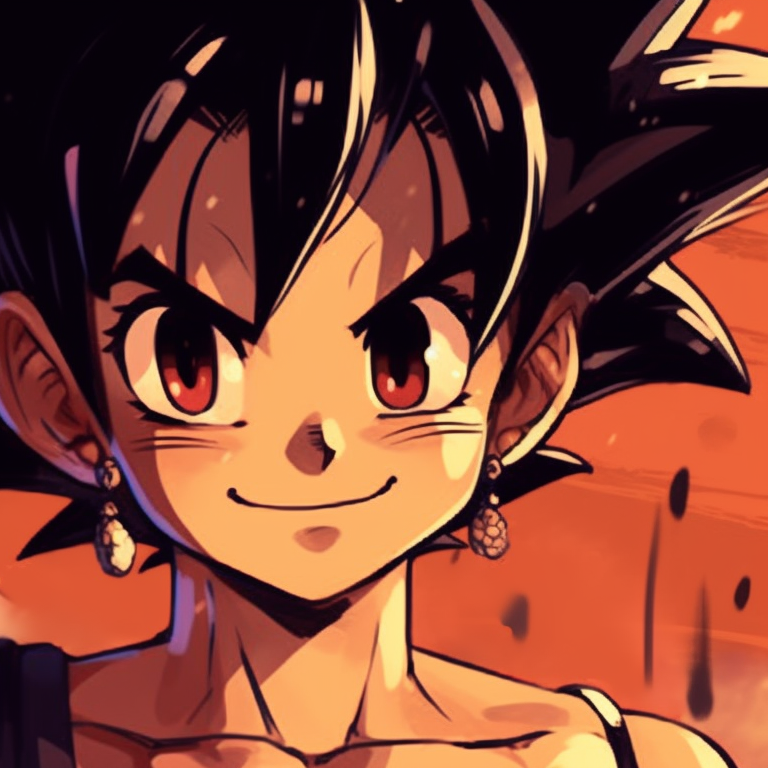 Two characters, playful expressions, light-hearted interaction portrayed with a vibrant color scheme. goku and chichi matching portraits pfp for discord.