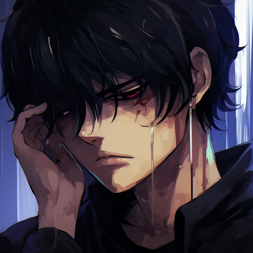 A male character cast in shadows, visible sadness in his eyes, the artwork emphasizes on dark tones and muted colours. sad anime pfp male