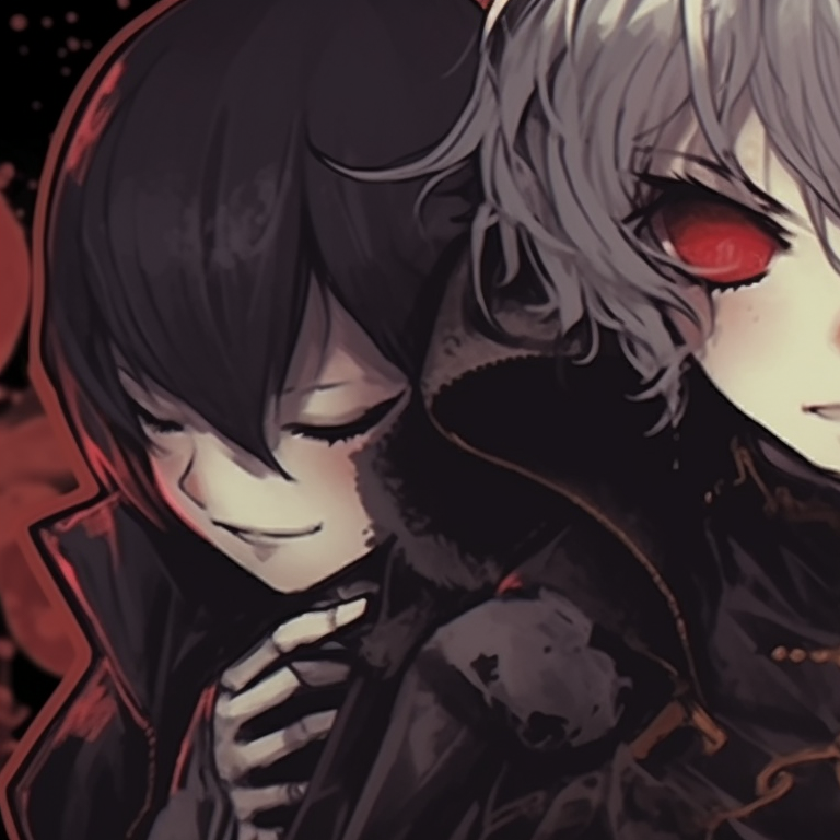 Three characters in matching creepy costumes, heavy shadows and intense glare, positioned in a triangle layout. trio pfp for halloween pfp for discord.