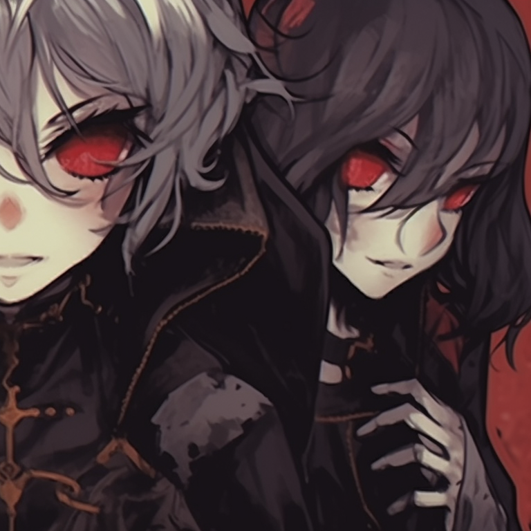 Three characters in matching creepy costumes, heavy shadows and intense glare, positioned in a triangle layout. trio pfp for halloween pfp for discord.