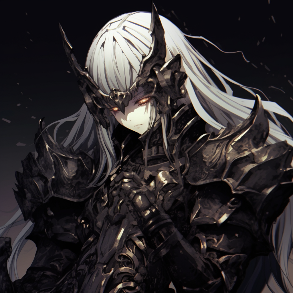Anime knight in Gothic style armor, highly detailed with metallic colors and dark tones. enthralling gothic anime pfp