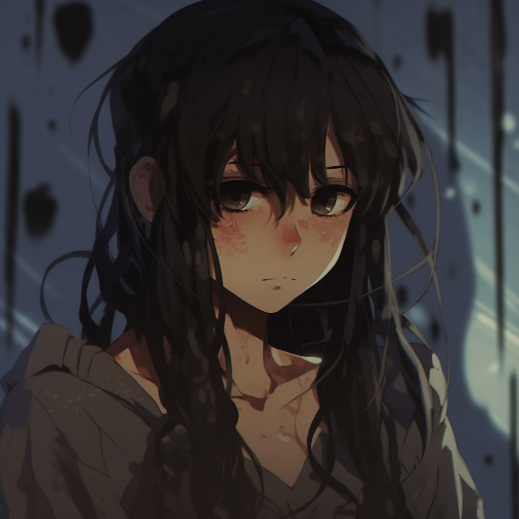 A distressed anime girl partially hidden in shadows, with focus on the shadow play and detailing. sad pfp anime girl styles