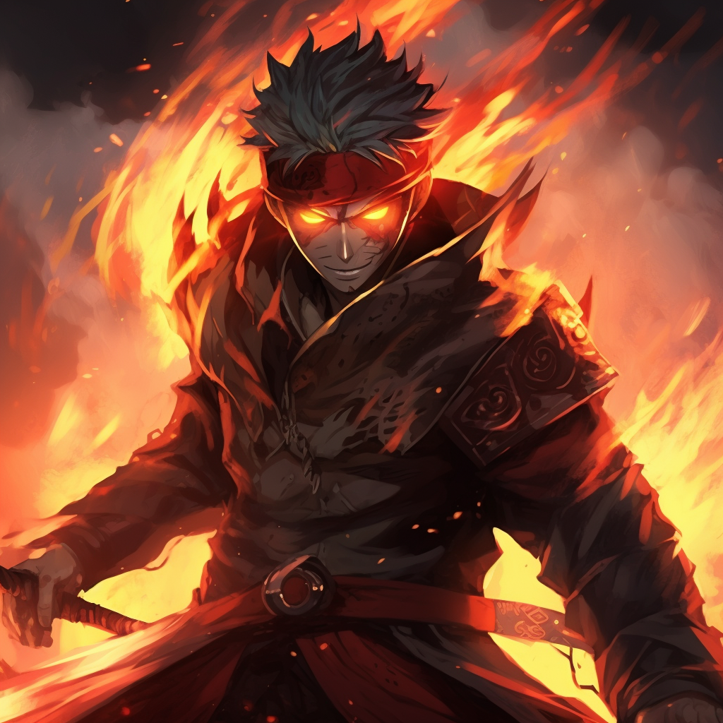 A character with a flaming sword ready for battle, the image emphasizing on detailed, vibrant flames engulfing the weapon. general fire pfp