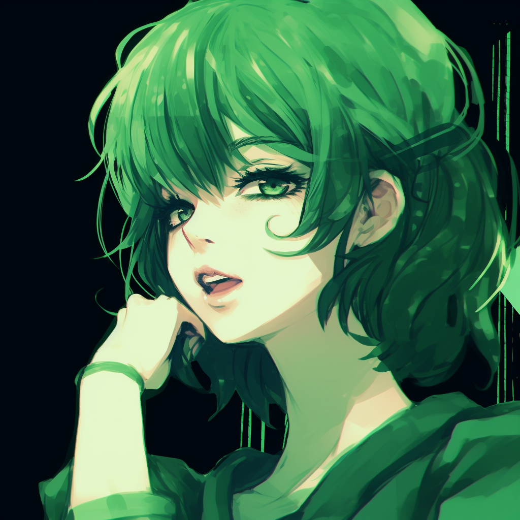 Anime character with whimsical green hair, intricate hair details and soft color harmony. whimsical green anime pfp collection