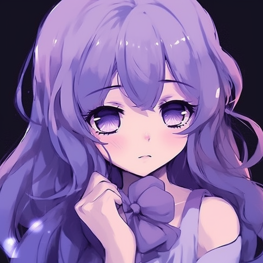 Intricate anime scene in different shades of purple, showcasing an urban setting with notable anime features such as larger eyes and pointed chins. trending purple anime pfp gifs