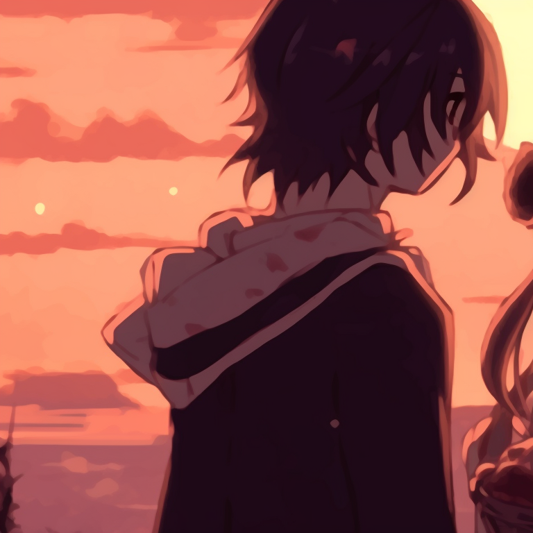 Two characters sharing a moment under an umbrella, emphasizing the strong contrast between the characters and the rainy backdrop. heartfelt matching pfp gif pfp for discord.