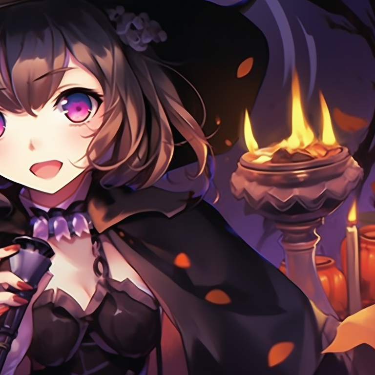 Two characters in matching witchcraft-themed outfits, vibrant potions and mystical symbols in the background. dark matching pfp halloween theme artistic pfp for discord.