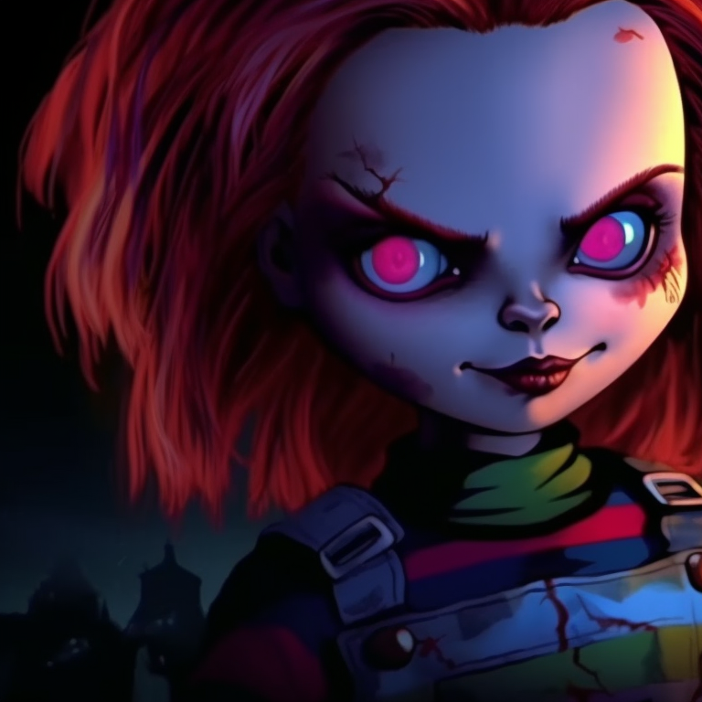 Close-up of Chucky and Tiffany, exaggerated features and strong contrasts. matching pfps with chucky and tiffany halloween theme pfp for discord.