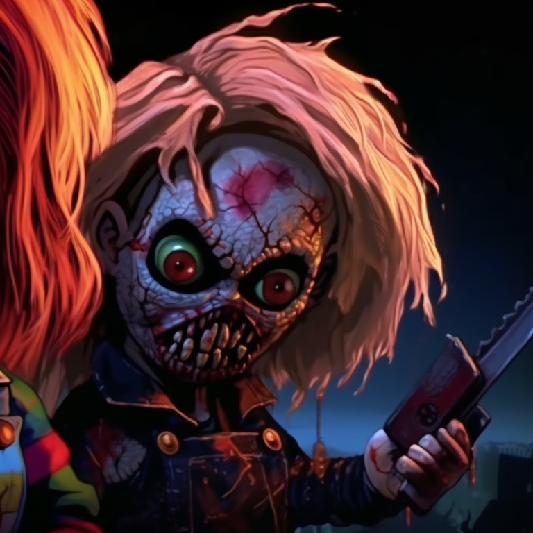 Close-up of Chucky and Tiffany, exaggerated features and strong contrasts. matching pfps with chucky and tiffany halloween theme pfp for discord.