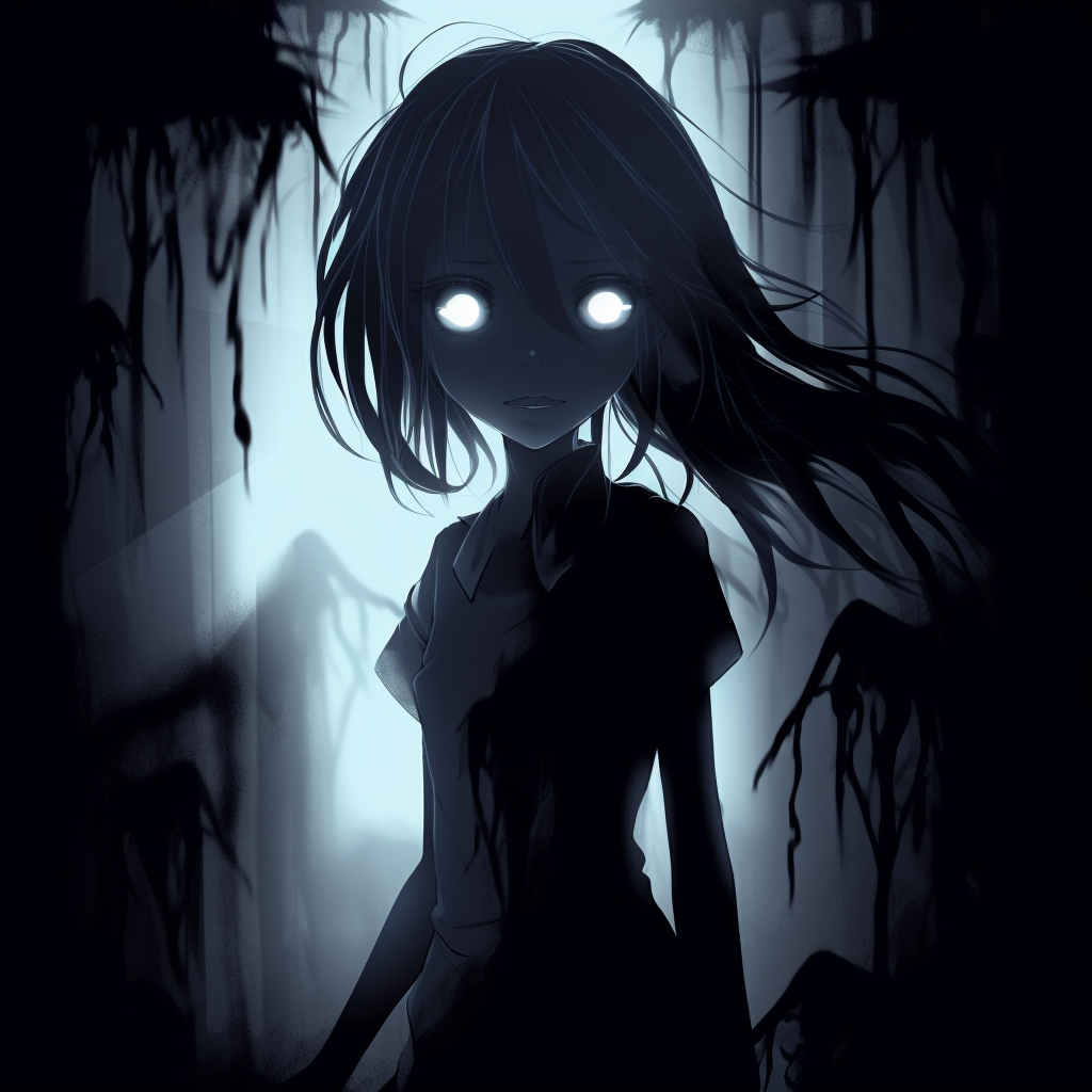 Silhouetted Phantasmal girl against a ghostly backdrop, focus on the sinister contour. phantasmal girl scary anime pfp pfp for discord.