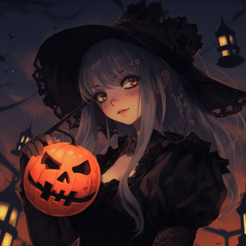 Detailed profile picture of a mysterious anime girl in Halloween-themed attire, intricate details and vibrant colors. halloween anime pfp for girls
