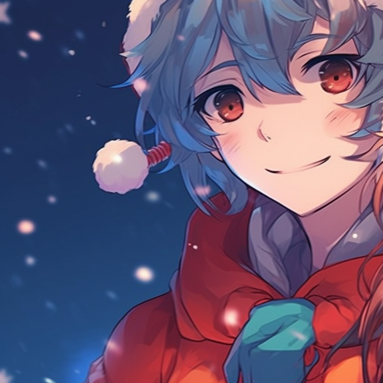 Two anime characters in Santa hats, warm tones with fine details. best matching christmas discord pfp versions pfp for discord.