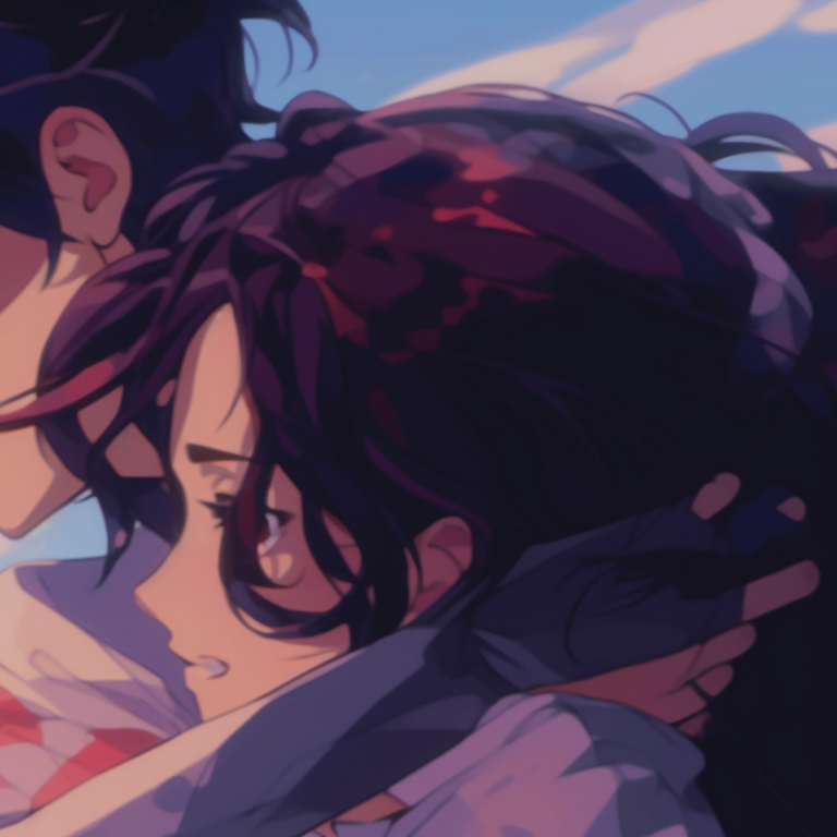 Two characters sharing a tender moment under a starlit sky, bright stars contrasting with deep blue hues. heartfelt matching pfp gif pfp for discord.