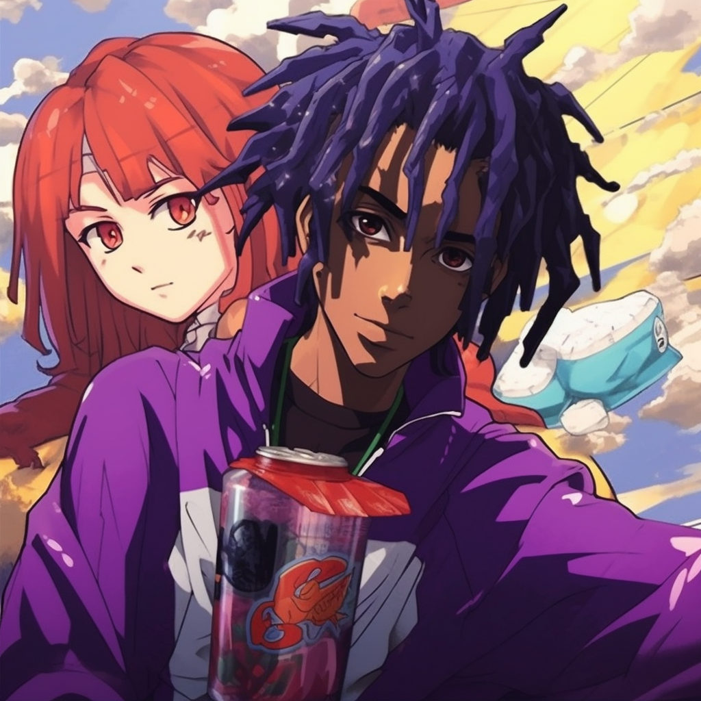 Carti along with an intricately drawn anime dragon, blending elements of fantasy and vibrant, fiery colors. otaku art: playboi carti anime pfp