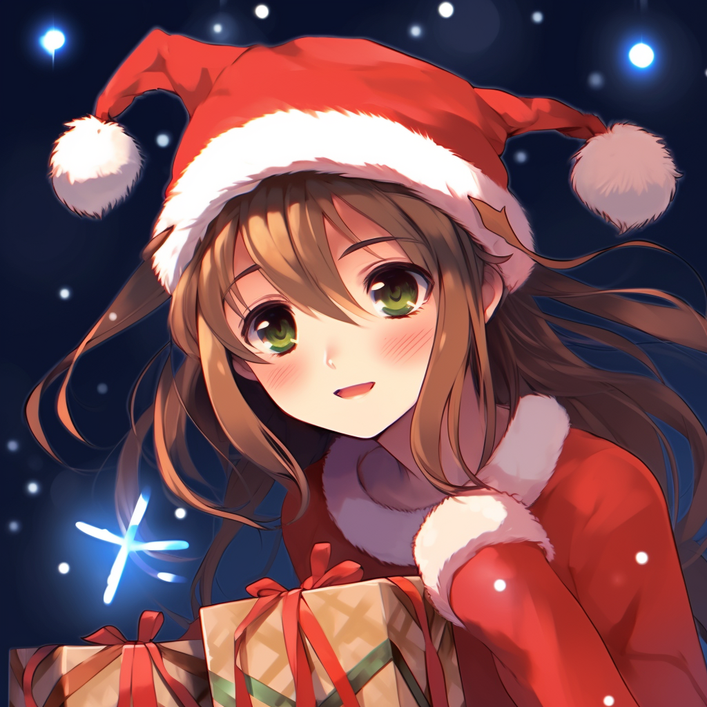 Excited Anime girl with Christmas gifts, detailed linework and playful color palette. anime christmas pfp for girls