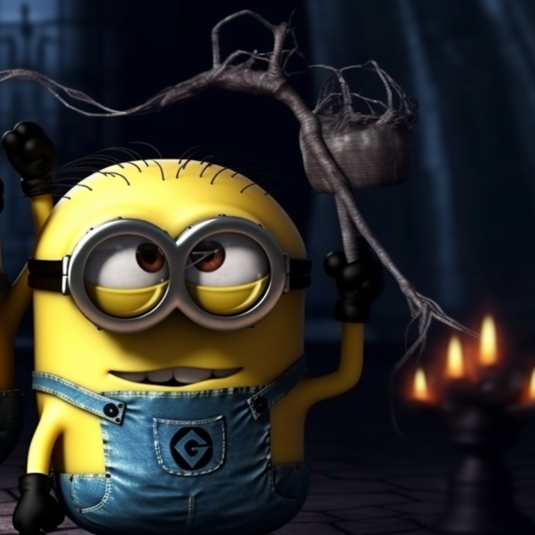 Two Minions in comedic monster costumes with outstretched hands, set on a dark spooky background. matching pfp with minion theme for halloween pfp for discord.