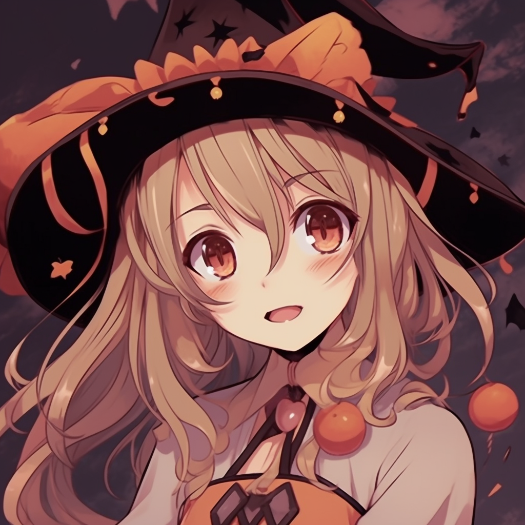 Detailed look on a cute witch's hair and hat, pastel colors and intricate Halloween motifs. adorable anime halloween pfp