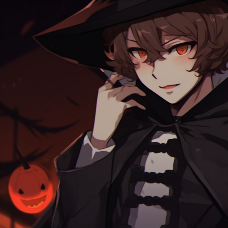 Two characters, in matching pumpkin-themed costumes, detailed carving patterns and warm autumnal colors. soukoku matching pfp halloween theme pfp for discord.