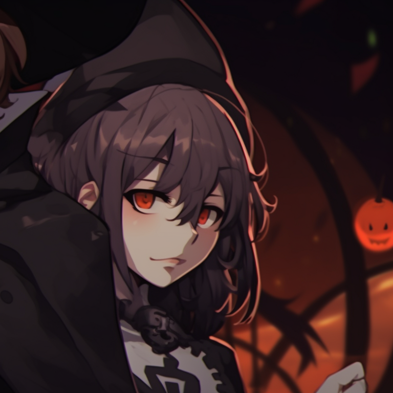 Two characters, in matching pumpkin-themed costumes, detailed carving patterns and warm autumnal colors. soukoku matching pfp halloween theme pfp for discord.