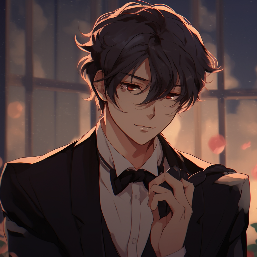 Gentle male character in a serene moment, harmonious color palette and delicate linework. romantic male anime pfp