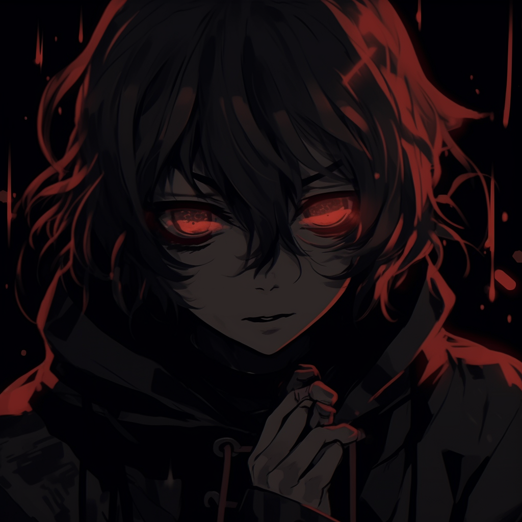 A dark-toned profile with eyes lit in deep red, highlighting stark contrast against the darkness. anime pfp dark with mysterious themes pfp for discord.