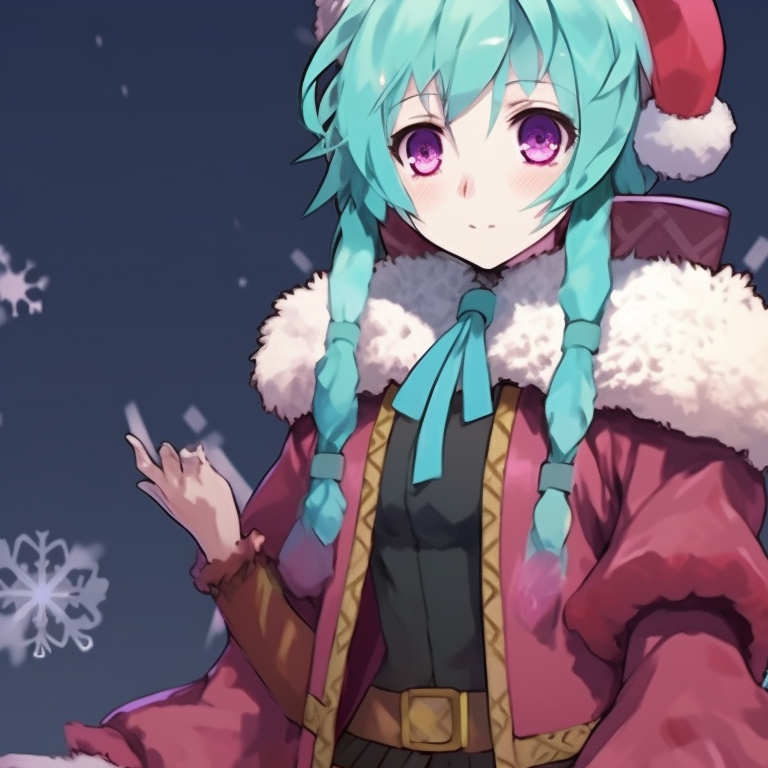Two versions of Hatsune Miku, adorned in winter attire, their hair decorated with holly, detailed embroidery on clothes, cool colors set an icy atmosphere. hatsune miku's festive matching pfps pfp for discord.