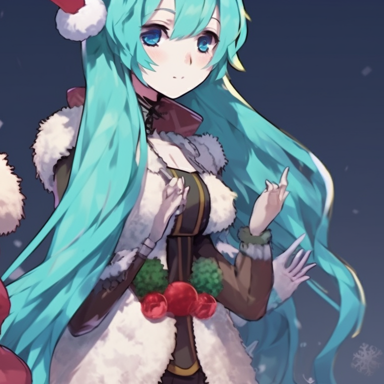 Two versions of Hatsune Miku, adorned in winter attire, their hair decorated with holly, detailed embroidery on clothes, cool colors set an icy atmosphere. hatsune miku's festive matching pfps pfp for discord.