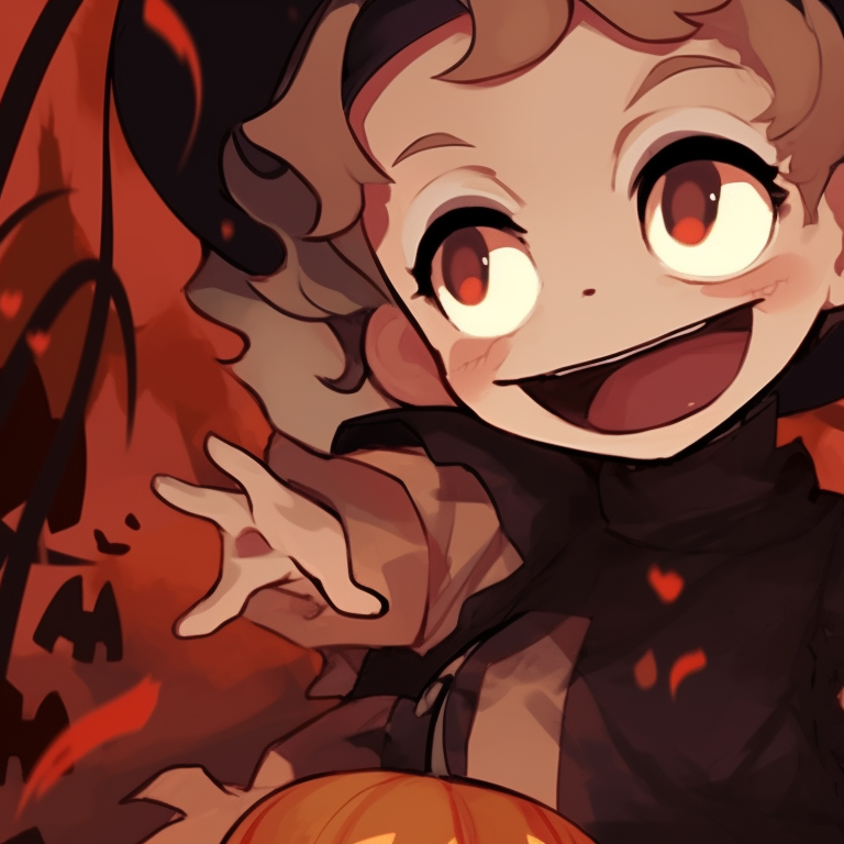 Zenitsu and Nezuko in their demon slayer uniforms, with Halloween-themed additions and a spoopy background. halloween themed zenitsu and nezuko fanart pfp for discord.