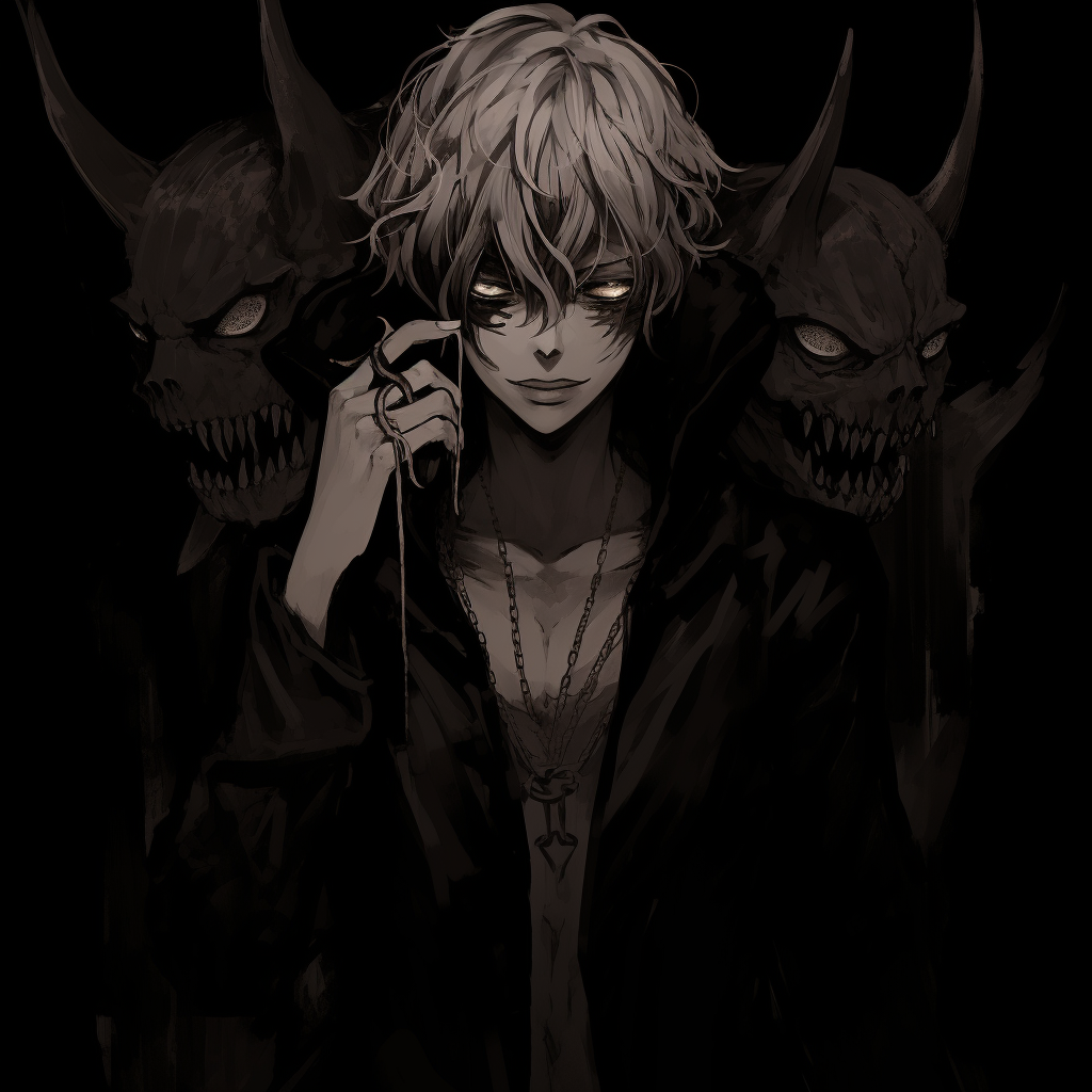 Detailed illustration showing the transformation of a boy into a demon, dramatic change in facial features with enhanced color intensity. boys' demonic anime pfp pfp for discord.