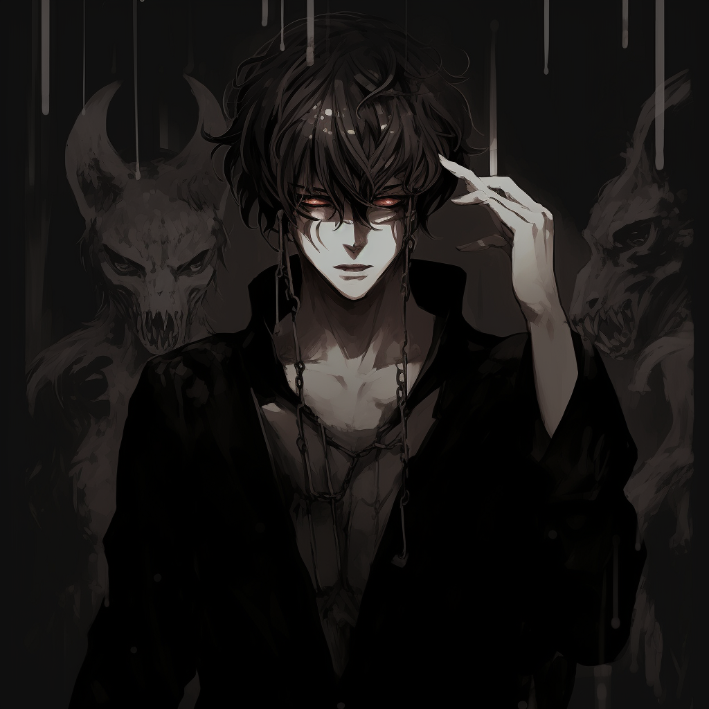 Profile silhouette of a boy turning into a demon, stark contrast between light and dark with an ominous presence. boys' demonic anime pfp pfp for discord.